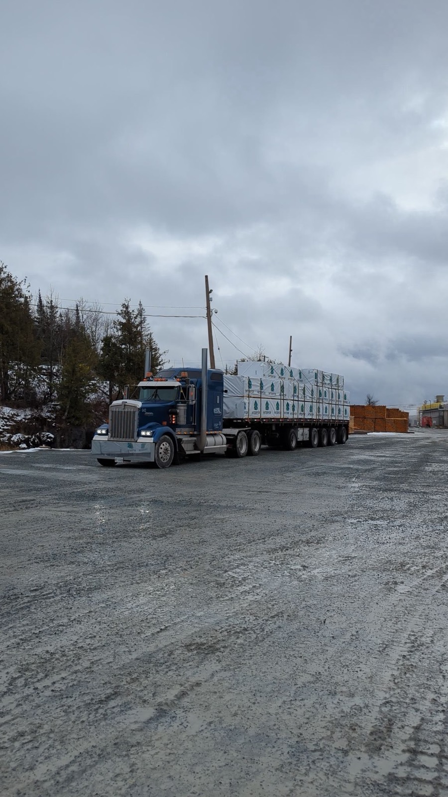 A flatbed loaded with wrapped building panels secured for transport