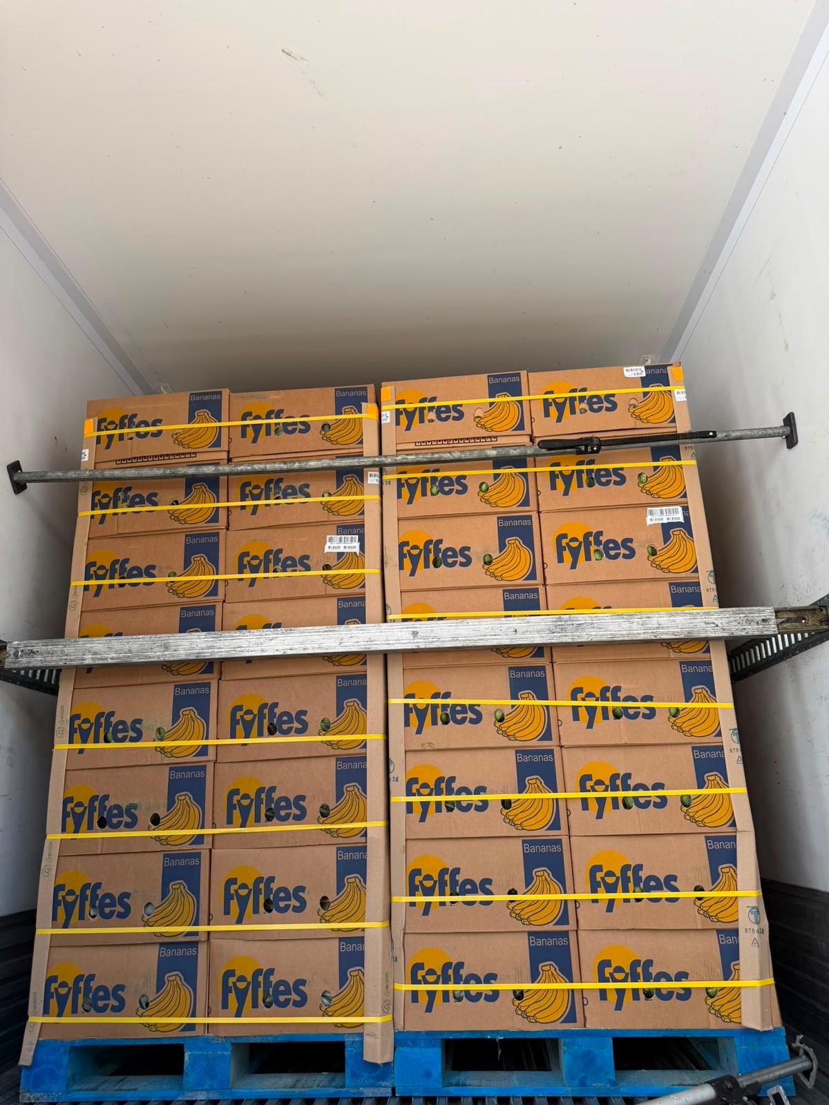 Pallets of banana cartons loaded in a refrigerated trailer