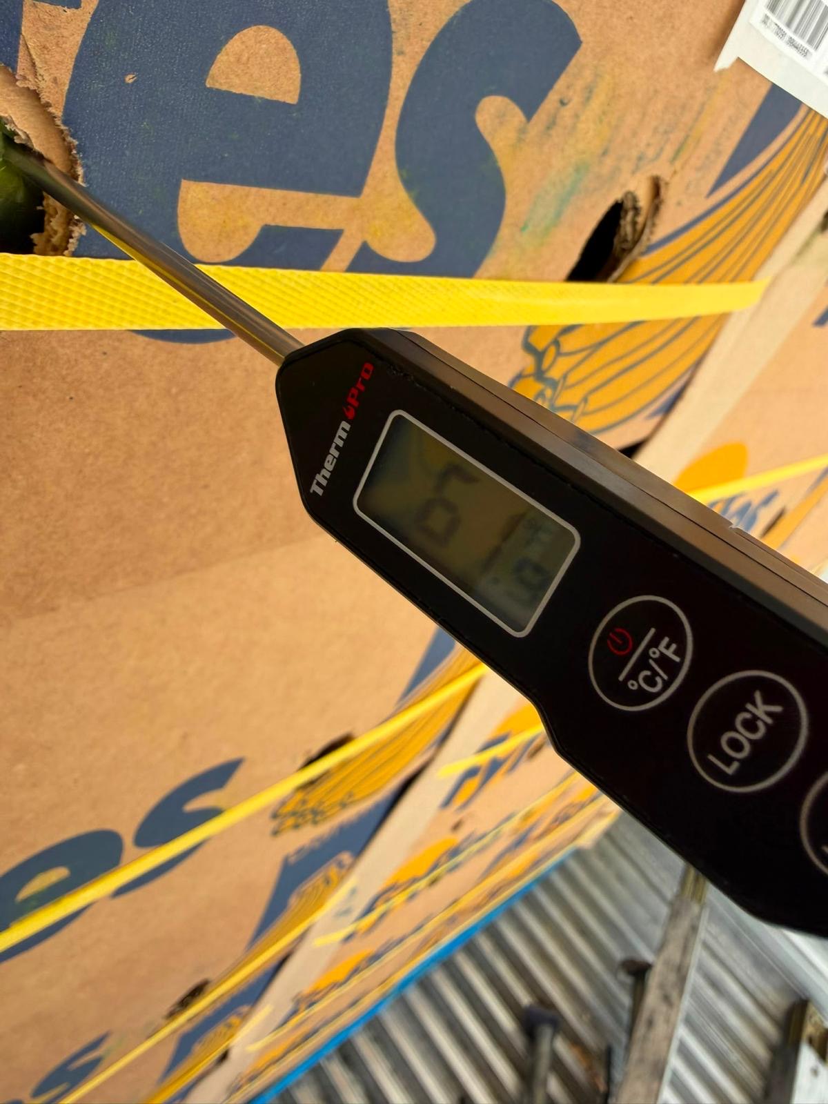 A probe checking pulp temperature on banana boxes at the dock
